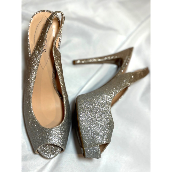 Guess women's high heel Stilleto’s shoes peep toe glitter silver sz 10 hoco glam - Picture 1 of 10